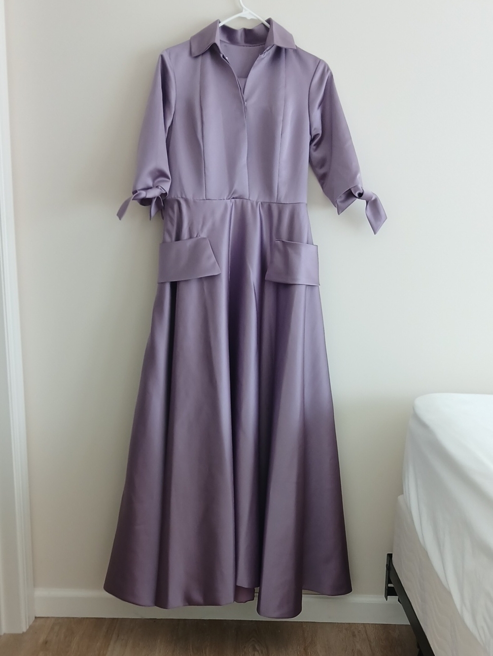 Lavender Maxi Silky Dress with Tie Cuffs